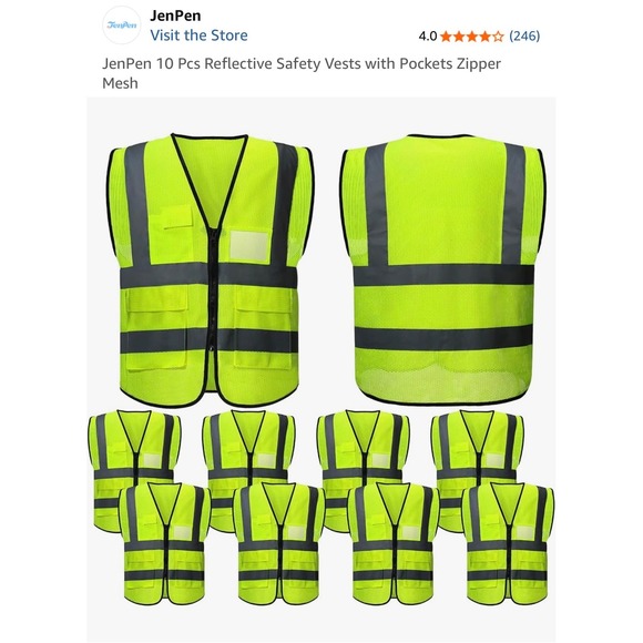JenPen Other - JenPen 10 Pcs Reflective Safety Vests with Pockets Zipper Mesh XL Neon Green